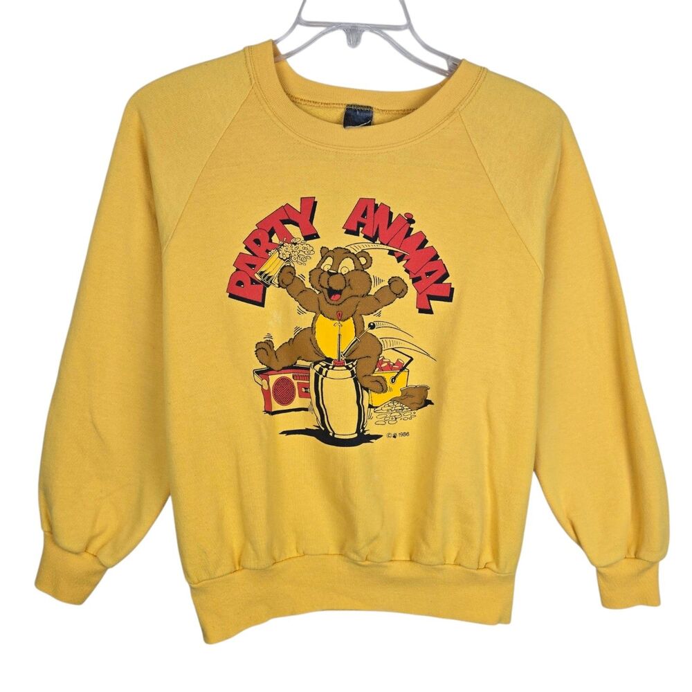 Vintage 1986 Party Animal Teddy Bear Sweatshirt Sz Large ? Yellow Retro Beer